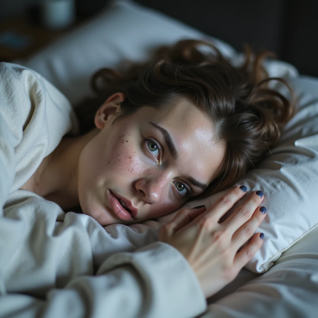 hyperrealistic 4K image of a woman with PCOS picking up hair from pillow upon waking, face with acne and facial hair, shocked expression, thinning hair, domestic environment emoji