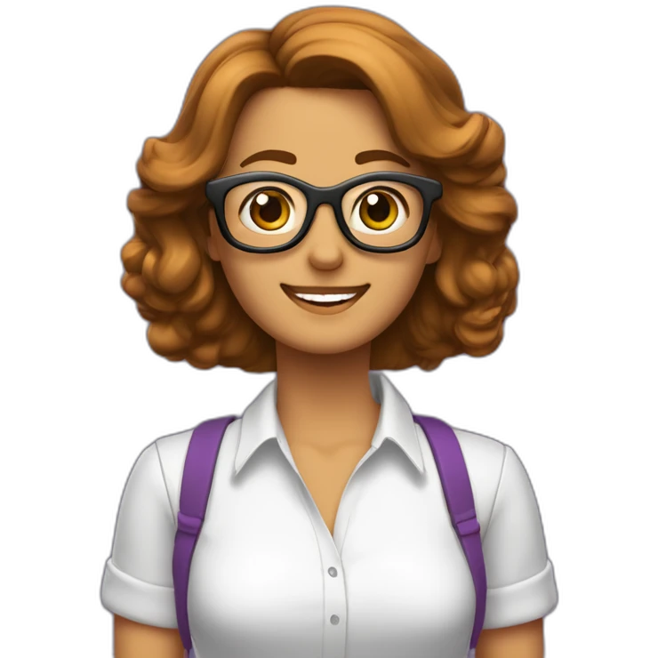 mujer-piel blanca-con gafas-sonriendo-camisa morada-pelo corto hasta el hombro-cabello marron,con un computador,muy detallada emoji