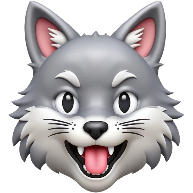 3D-style gray wolf or cat-like character emoji, silly tongue-out goofy reaction, clean and glossy, inspired by TenSquared logo emoji
