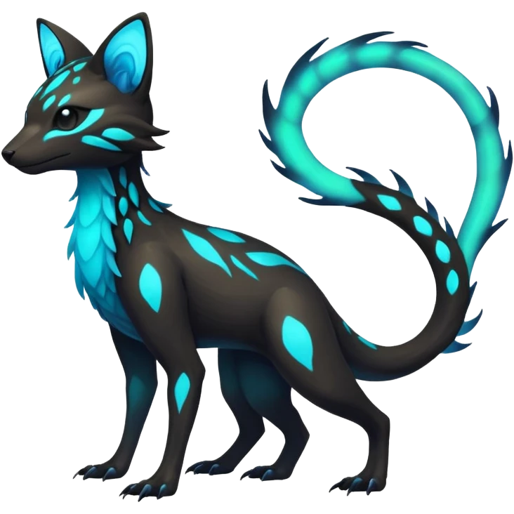 Rare realistic dark-neon glowing bioluminescent edgy badass epic pretty beautiful handsome gorgeous aesthetic colorful vibrant Vernid-Trico-species-Fakemon-creature by LiLaiRa, 4 legs, 1 tail, random markings, (full body) emoji