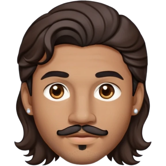 Young man with medium brown skin, mixed-race ethnicity, MUCH longer wavy dark brown hair with a center part, mustache separated from goatee, medium brown eyes, very small diamond stud earrings in both ears, head only floating face with NO shoulders or torso visible at all emoji