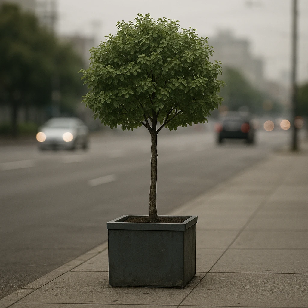 a single tree in a planter on a concrete sidewalk, distant from other greenery, with blurred traffic in the background, feeling isolated, urban environment, realistic style emoji