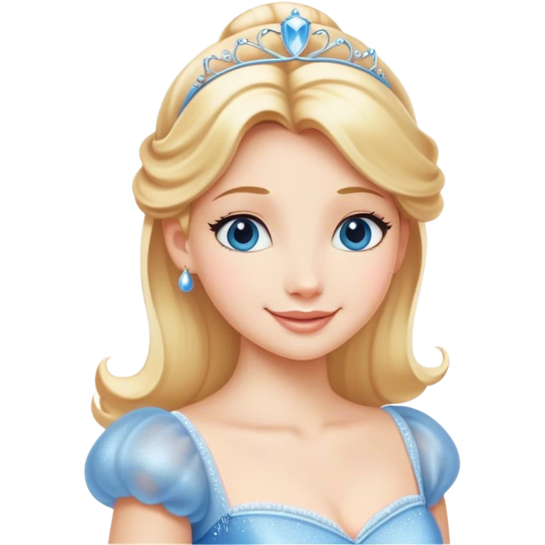 Cinematic Radiant Cinderella Portrait Emoji, rendered in a clean vector-style with bold proportions. Show Cinderella with a warm, serene smile, fair skin, and lustrous blonde hair, wearing a simple yet elegant dress that shimmers with gentle light. The image glows with an inviting, soft radiance and high shine, embodying timeless beauty. emoji