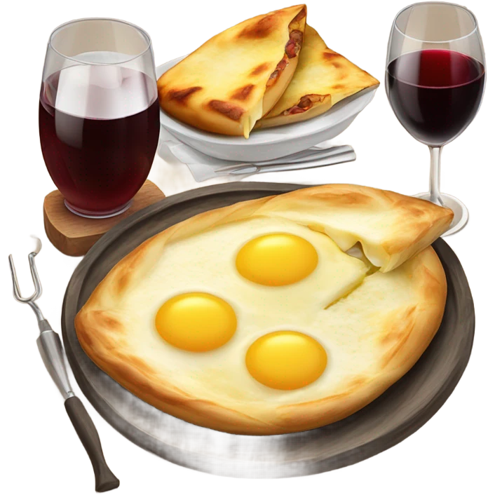 Khachapuri in Ajarian style, 2 identical  glasses of wine and 2 skewers with meat   emoji