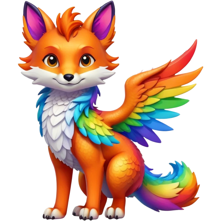 Cartoon Fox dragon hybrid with wings face front full body rainbow colored emoji