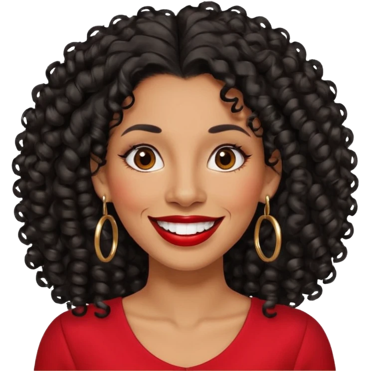 40 yr old peruvian woman, very curly long black hair, red lipstick, big smile, white teeth, brown eyes, hoop earings, side part to hair, round face emoji