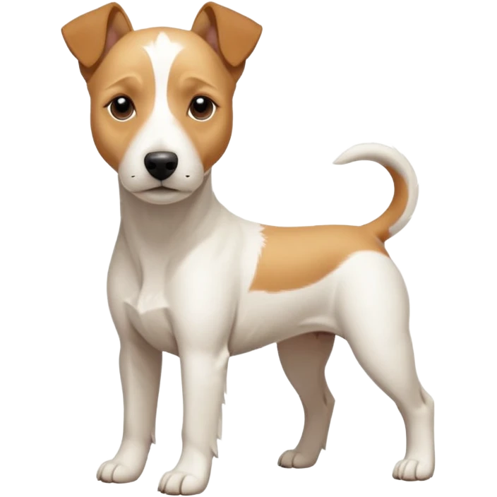 a full body facing front on of a buff white parson russell terrier looking dog the size of a kelpie with light brown long ears resting on its face and a light brown patch above one eye and a large snout. the rest of the dog is completely white.  emoji