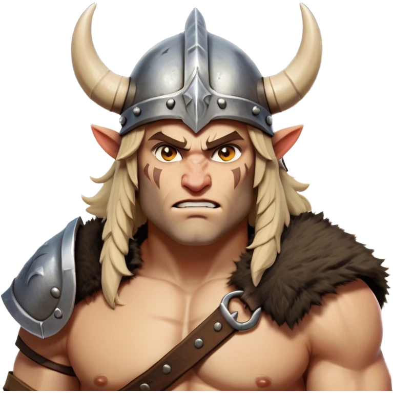 Clash of Clans aesthetic: Cinematic Fierce Barbarian Portrait Emoji, Poised and bold with a rugged yet cartoonish build in tattered furs and a horned helmet, expressive bright eyes and a confident smirk, Simplified yet dynamic features, highly detailed, glowing with a vivid, adventurous aura, high shine, heroic and spirited, stylized with an air of medieval warrior charm, focused and energetic, soft glowing outline, capturing the essence of a fearless barbarian adventurer ready to lead his clan with spirited valor! emoji
