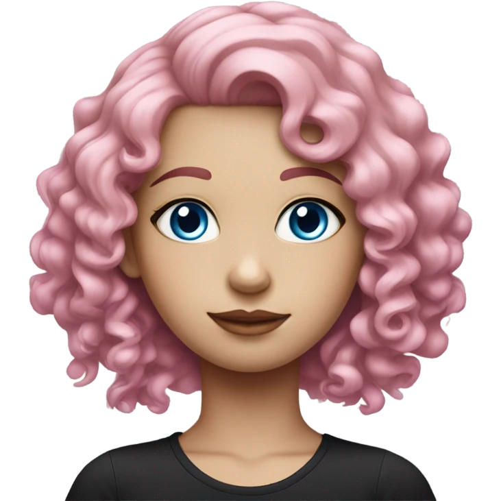 Curly pink haired pale girl with blue eyes and pink eyebrows wearing black emoji