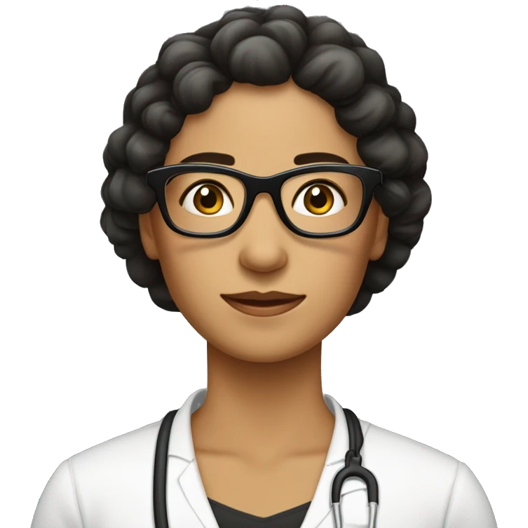 Terapeuta holistica, mujer muy madura con lentes y cabello negro hasta los hombros emoji