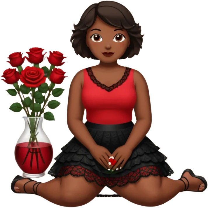 A plus-size black woman with short, straight, dark brown hair is wearing a red sleeveless shirt and a black lace ruffled skirt. She is holding a rose and sitting on the floor with her legs crossed. On the floor is a glass vase with red roses. emoji
