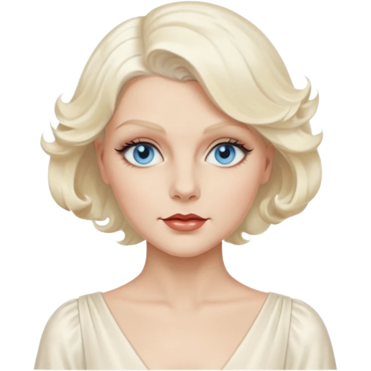 Jean Harlow with blue eyes, platinum blonde hair, ivory outfit emoji