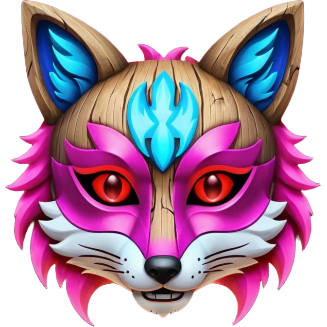 Ancient wooden mask, split in half, luminous and neon with red, blue and pink fox-like glow. emoji