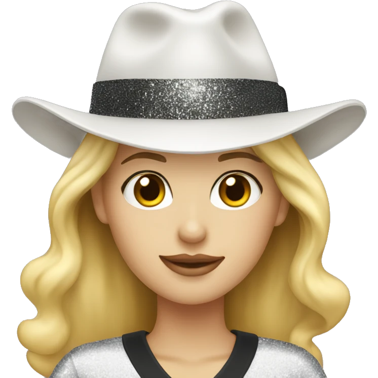 blonde white woman wearing an oversized glitter white tshirt and black fedora emoji