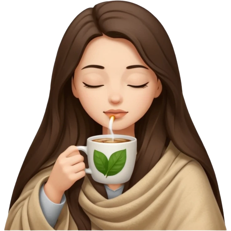 Brunette girl long hair inside a beige blanket sipping coffee eyes closed emoji