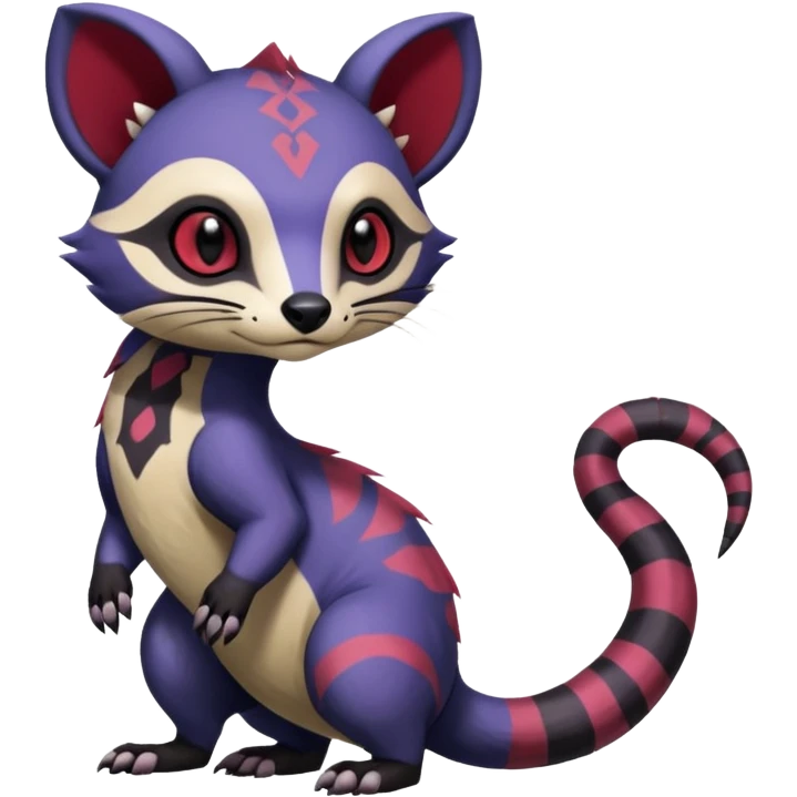 Rare warm-colored exotic gloomy tropical edgy cute epic aesthetic spooky indigo violet white black red gothic colorful Salandit-Furret-Civet-species-Fakemon-hybrid-creature, with tribal tattoo markings, full body emoji