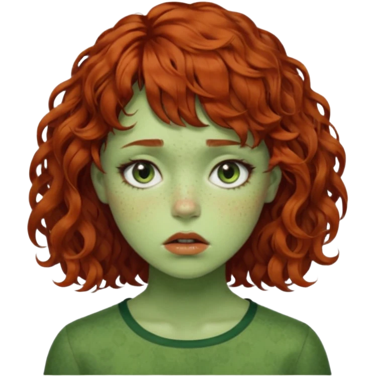 quero que você cria uma mulher, o rosto dela. nela, ela tem cabelo curto e ondulado, tem franja e ela tem semblante triste, deixe ela com pele verde. cabelo cacheado(avermelhado). ( ela tem aparência terroristica) olhos anormais assim como a boca) deixe ela com sardas emoji
