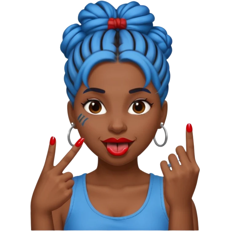 brown girl with blue locs in a bun with tongue out and red nails showing middle finger emoji