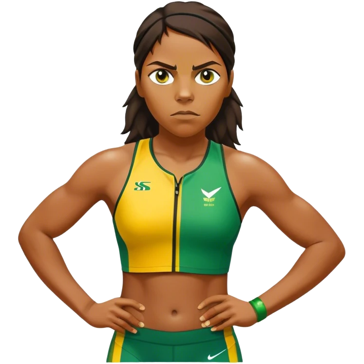Cinematic Realistic portrait of Cathy Freeman, shown as an iconic Australian sprinter with a focused, determined expression and modern athletic yellow and green attire accented with subtle native motifs, rendered in dynamic, vibrant lighting emoji