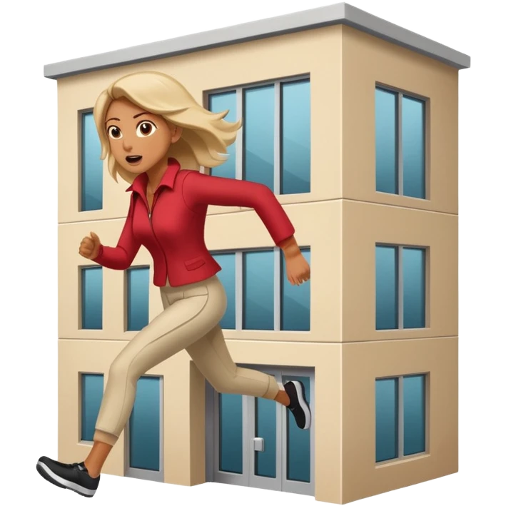 woman running out of a condo emergency exit, clear action, modern building, expressive emoji