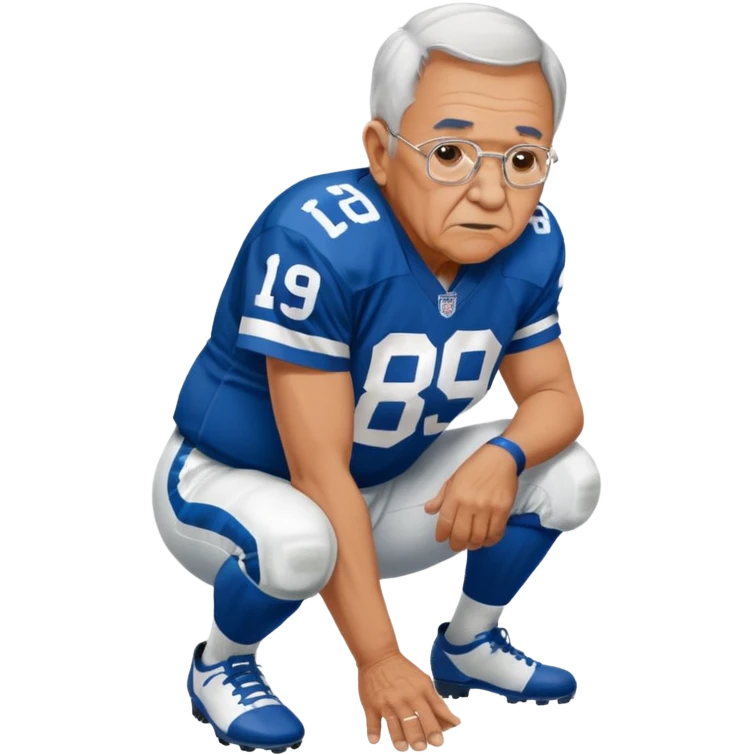 A grandpa playing football wearing an Indianapolis Colts jersey is. Show him kind of crouch down to the ground, holding the football and the name rivers on the back of his jersey. emoji