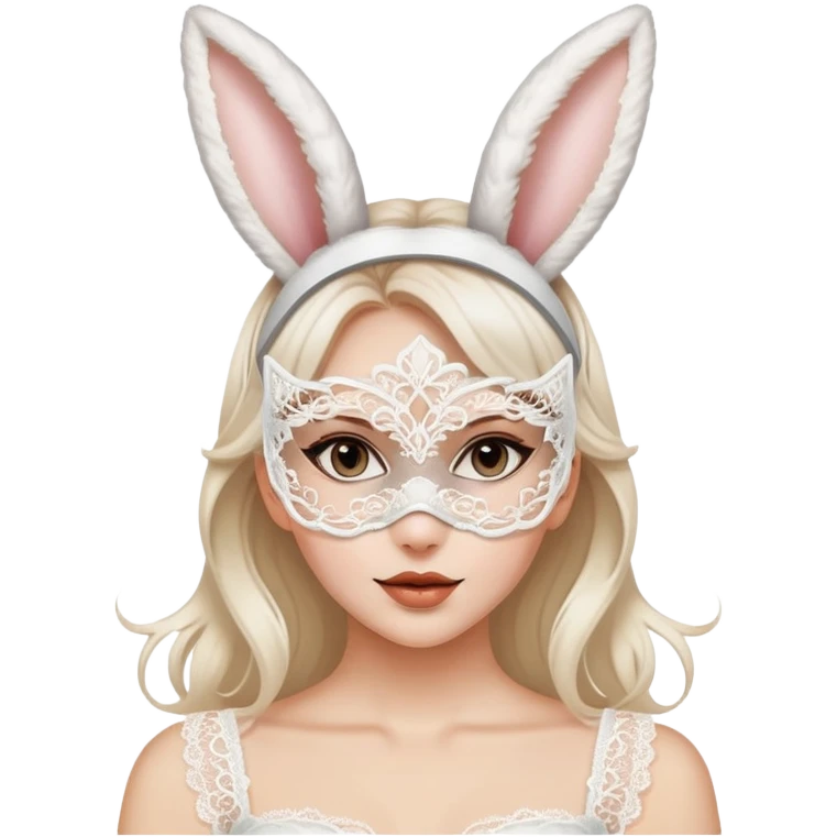 A woman wearing a delicate white lace mask with bunny ears emoji