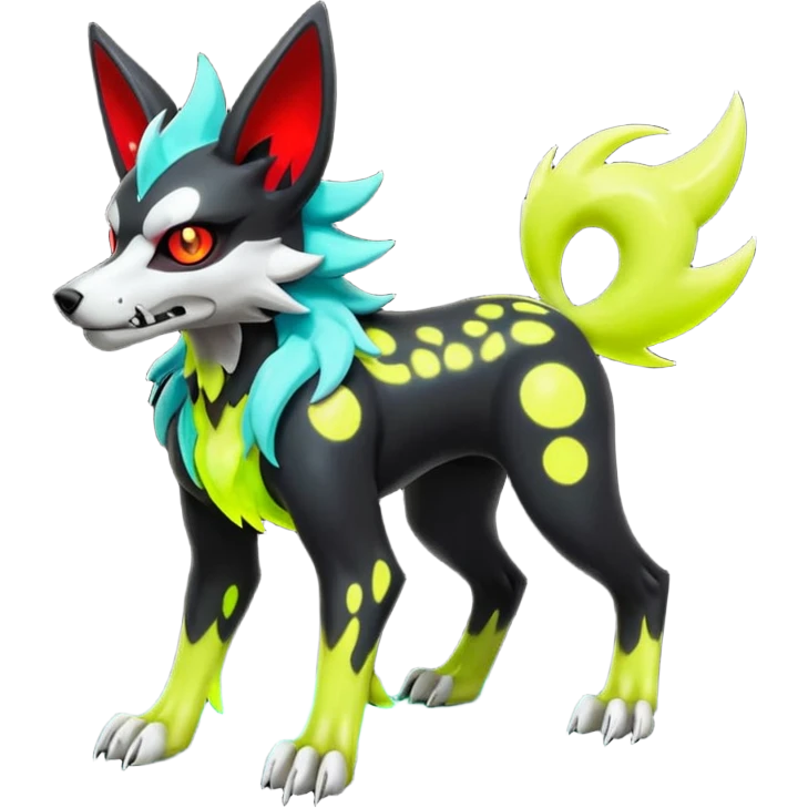 Hyper realistic demonic skeletal black and neon green and neon yellow futuristic shiny colorful bioluminescent cyber-Poochyena-Lycanroc-Zorua-Litten-Houndoom-Fakémon-Pokémon-Digimon-hybrid-fusion (full body) with a skull face emoji