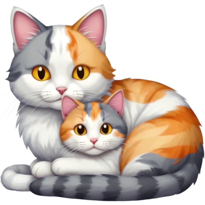 grey and white cat cuddling a colourful light patched calico + white tabby cat emoji