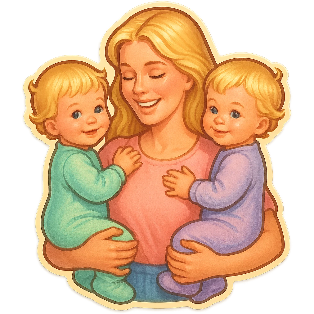 mom with long light blonde hair holding two one-year-old twin girls with short light blonde hair, all wearing pastel outfits, retro stickers style, soft shadows, various pose options emoji