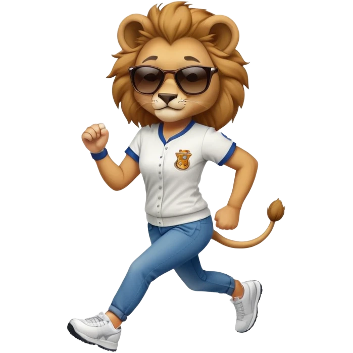confident female lion jogging upright wearing baseball shirt, jeans, trainers, dark sunglasses, friendly expression emoji