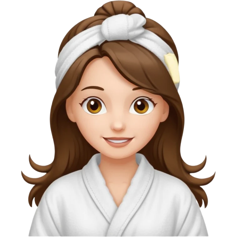 happy white long brunette hair girl with hazel eyes in a bathrobe and her hair tied up in a towel emoji