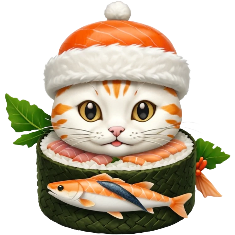 happy cat wearing a hat made out of sushi emoji