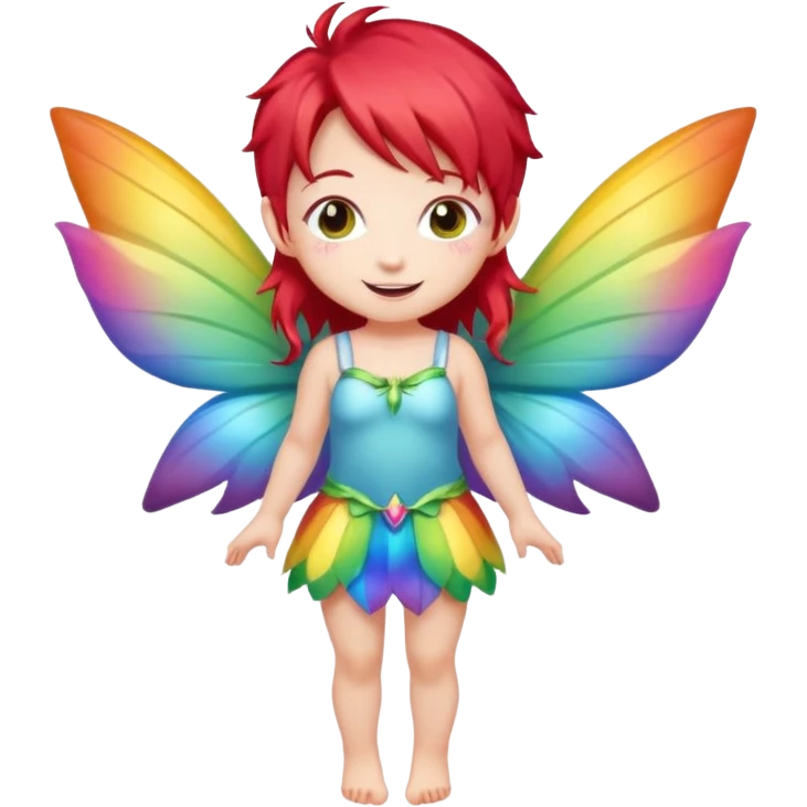 fairy with red hair, rainbow wings, happy, chibi full body emoji