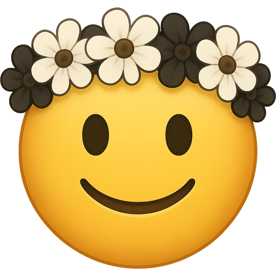 yellow face with white and black flower crown emoji, digital illustration, remove background emoji