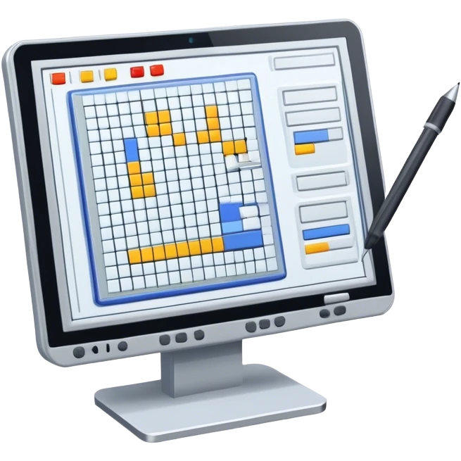 Emoji for Game Design: computer screen with Professional game interface, 3D models, pixel art, and design tools like grid, wireframe, and stylus. Symbolizes the technical and creative process of game development. Transparent background. emoji