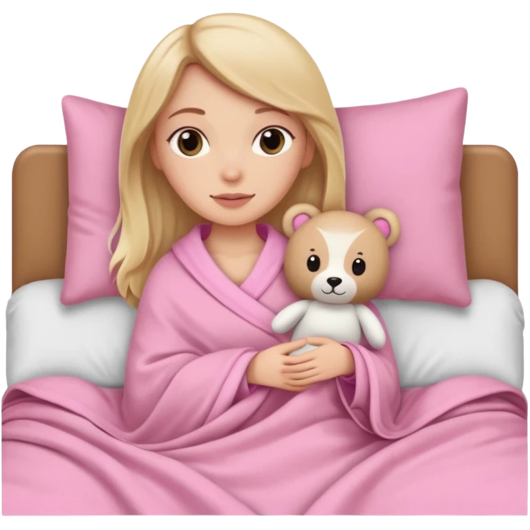 A white girl in the bed and the blanket is pink with plushies emoji