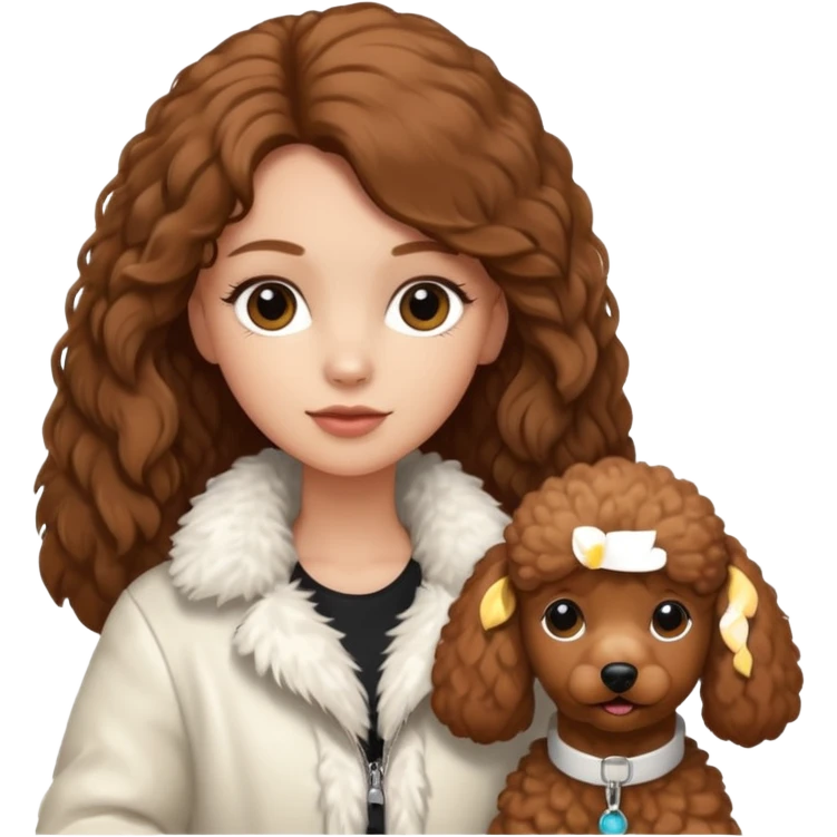 A white girl with a long brown straight hair and wearing a fur white jacket holds a brown poodle emoji