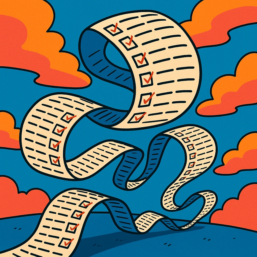 never-ending to-do list paper twisting and turning with exaggerated curves, filled with rows of tiny checkboxes, fading away in a vibrant cartoonish scene emoji