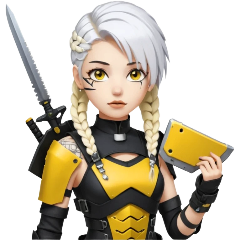  a closeup portrait of young woman with gold yellow eyes, white hair, long braid, black off-shoulder top d-cup, punk gothic style, futuristic cyberwave cyberpunk,  she has a plate carrier armor vest , and a old-style steel bulletproof combat helmet.  holding up a DAYZ combat knife emoji