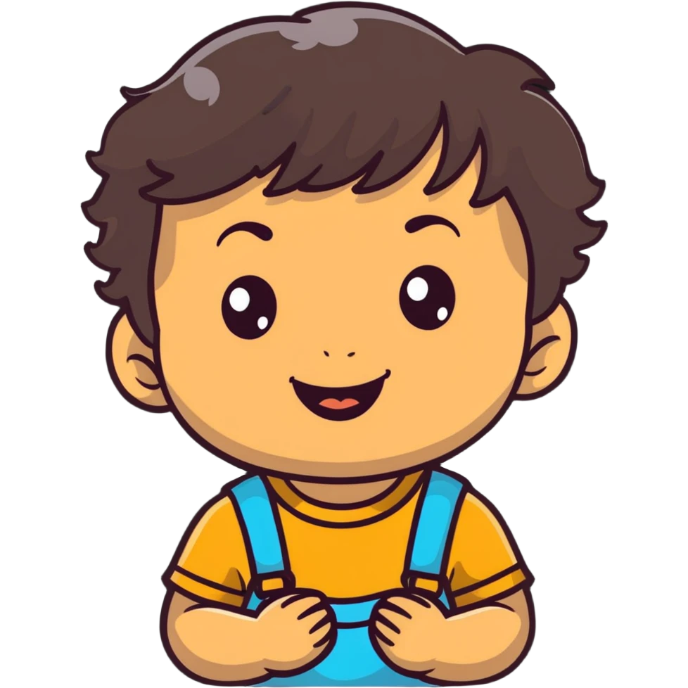 happy smiling toddler face with big eyes, medium skin tone, and dark wavy hair emoji