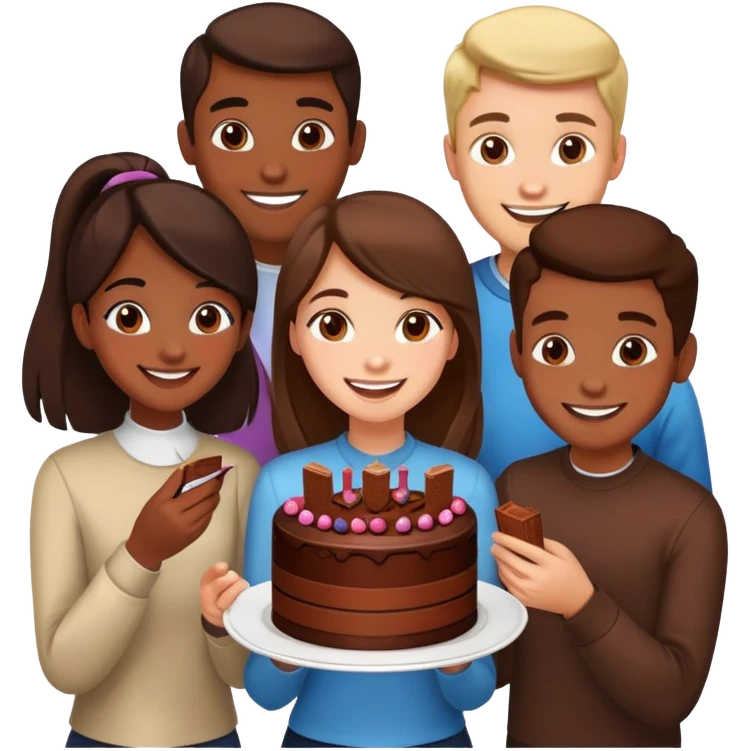 Two girls and two guys eating a chocolate cake  emoji