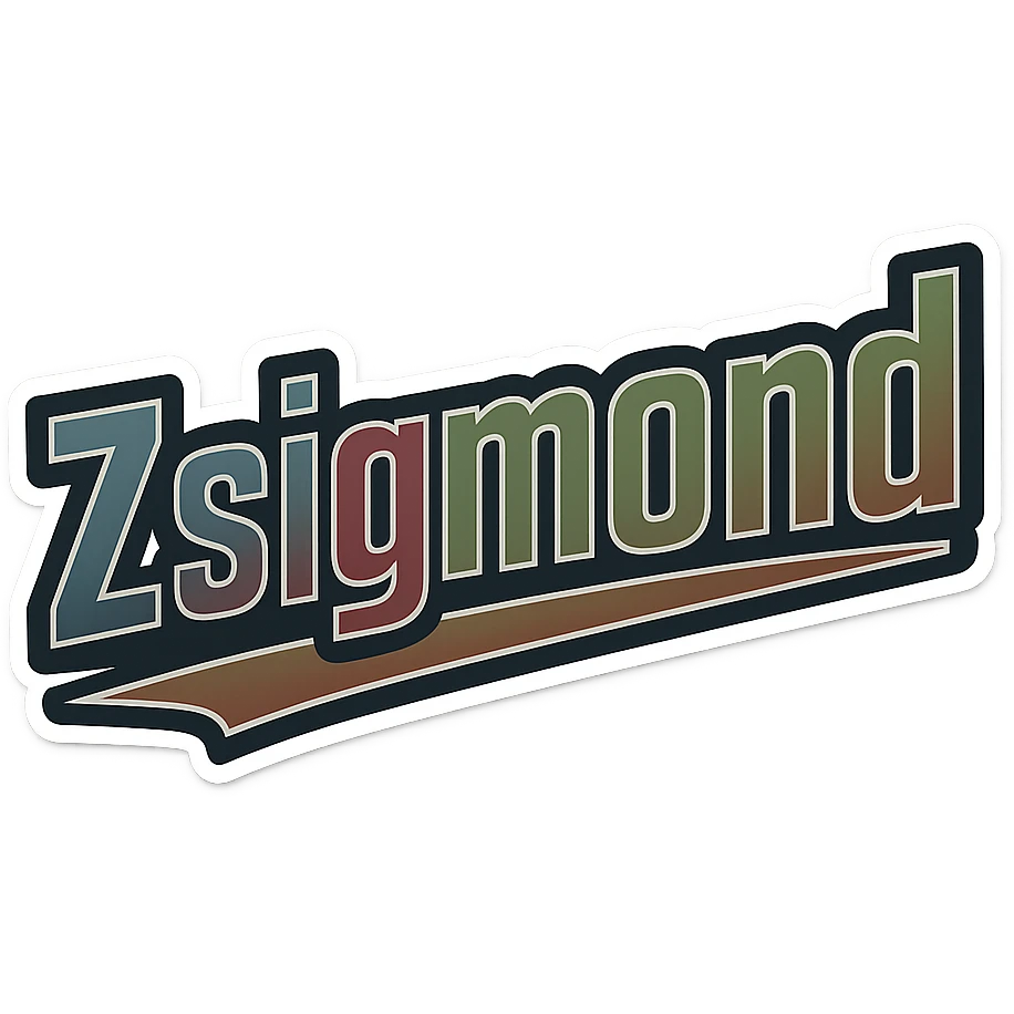 Zsigmond name in masculine, modern, gradient font with precise Hungarian characters, dark outline, extra thick, prominent white border as in reference images, dynamic slanted underline, masculine color shades (blue, gray, burgundy, green, brown), 1000x1000 px, PNG, transparent background emoji