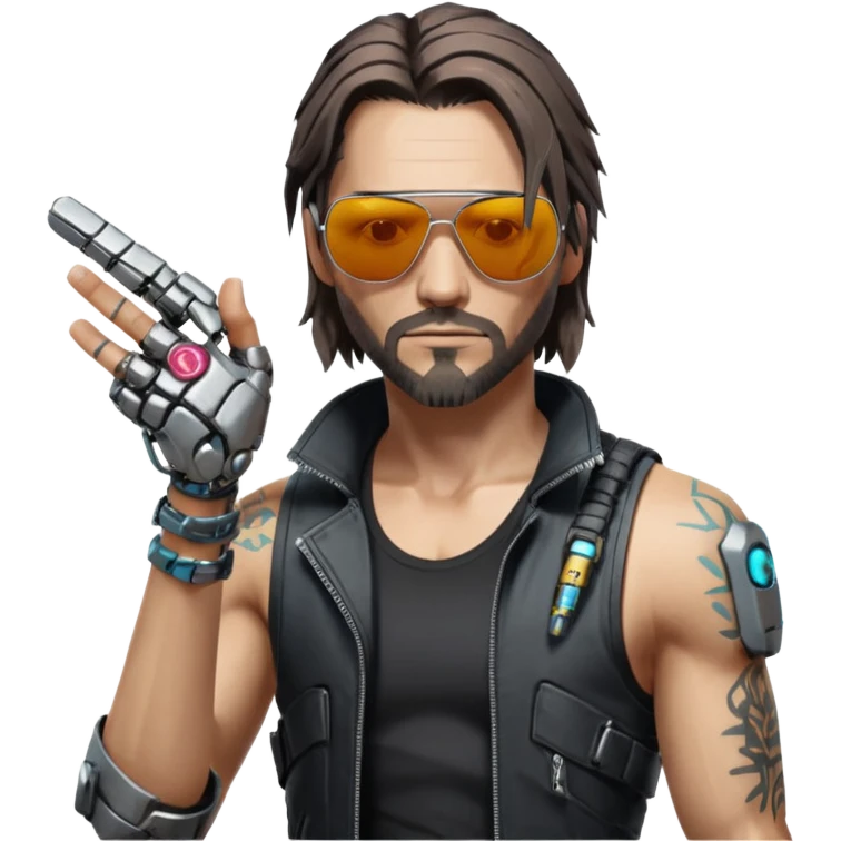 Jony Silverhand from Cyberpunk 2077, detailed, iconic look, sunglasses, cybernetic arm, grunge style emoji