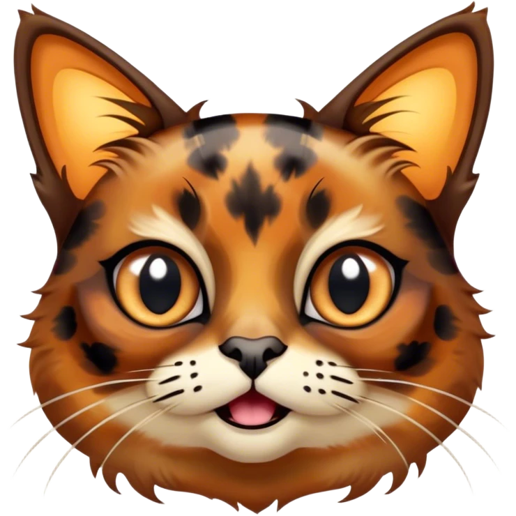 Cinematic Comical Tortoiseshell Cat Portrait Emoji, Head cocked dramatically with an over-the-top shocked expression, featuring a rich mottled fur of browns and blacks and wide, comically animated eyes full of playful disbelief, simplified yet hilariously detailed, glowing with a bold, sassy radiance, high shine, exuding a mischievous and spirited charm, styled with a soft glowing outline, capturing the essence of a tortoiseshell cat that appears ready to burst into comical antics! emoji