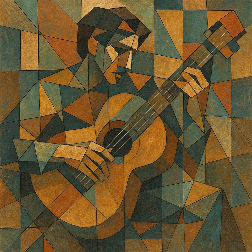 Musician playing a guitar with limbs and strings fractured into overlapping cubes and triangles.
 emoji