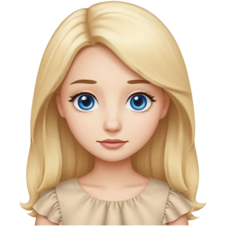 Emoji girl with small close-set blue eyes and eyeliner, long and straight eyebrows, long round nose, wide not full lips, long oval face shape, long blonde hair in cute ruffle beige top emoji