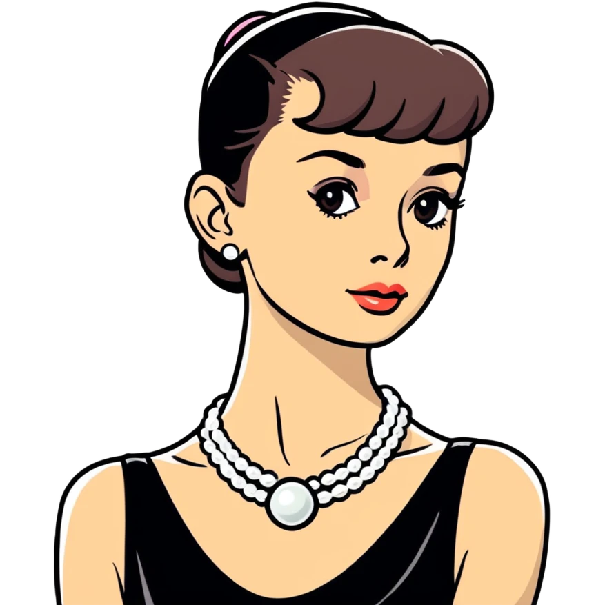 Audrey Hepburn glamorous portrait with iconic black dress and pearl necklace emoji