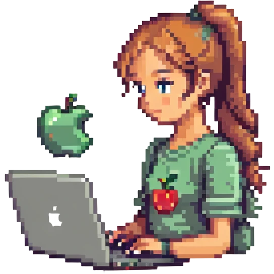 girl with ponytail using a laptop with an apple logo, simple background, pixel art style emoji