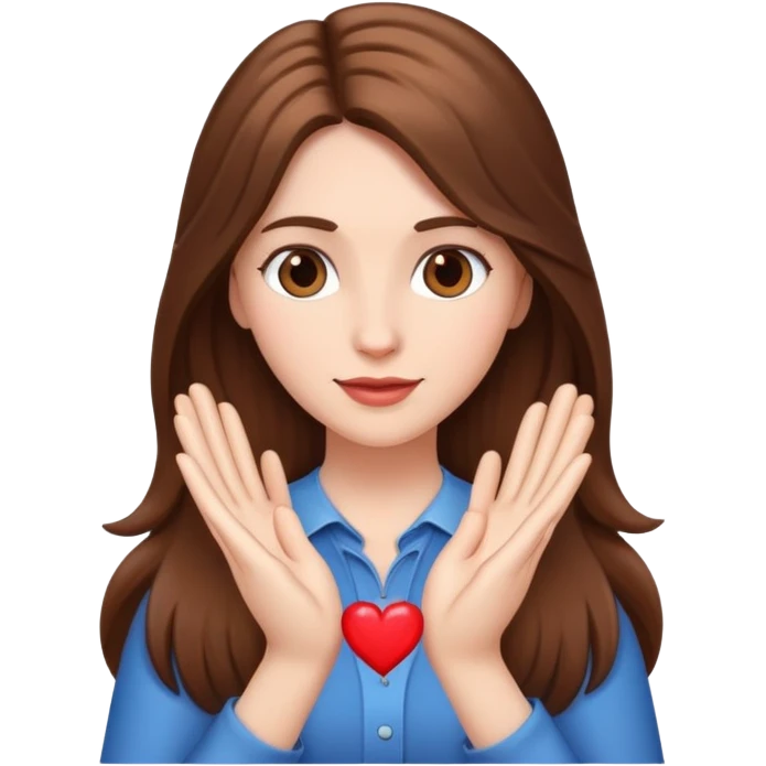 White woman with long brown hair and heart hands emoji