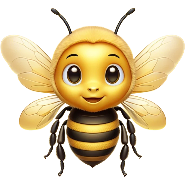 Cinematic Cute Bee Portrait Emoji, Head tilted playfully and inquisitively, featuring a delightfully small, fuzzy body with bright, shimmering eyes and adorable, delicate wings, Simplified yet irresistibly adorable features, highly detailed, glowing with a warm, inviting glow, high shine, affectionate and lively, stylized with a touch of whimsical honeyed charm, soft glowing outline, capturing the essence of a mischievous bee that seems as if it could buzz out of the screen into your arms! emoji